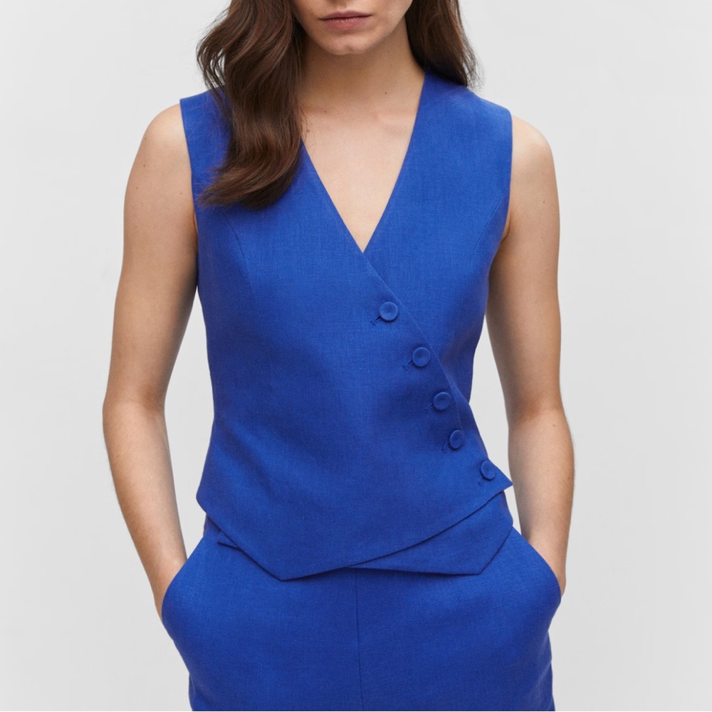 MANGO Double-Breasted Linen Waistcoat in Blue